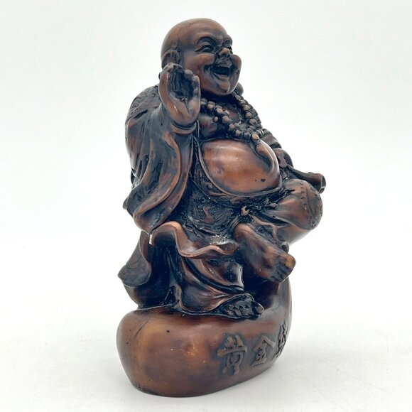 Laughing Buddha Figurine 6" Carved Solid Wood Dark Stain Chinese Script 1.5 lbs - Picture 8 of 14